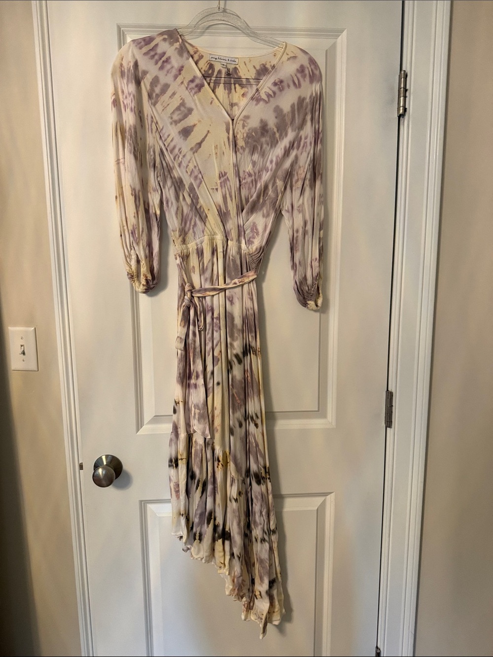 Tie-Dye Pastel Wrap Dress in Lavender and Cream